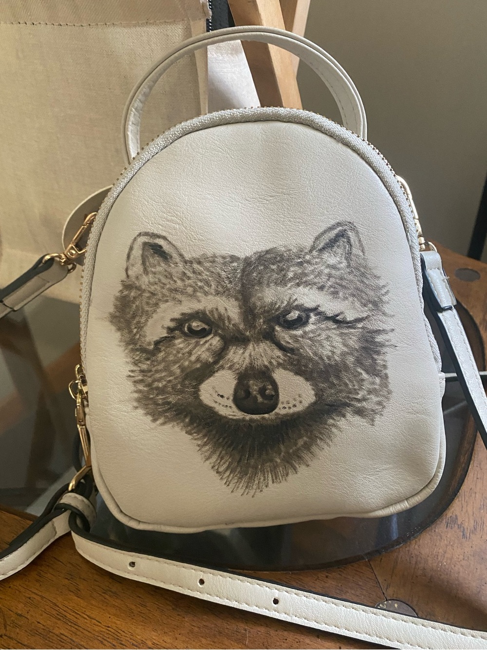Hand Painted Gray Mini Backpack Purse with Raccoon NEW